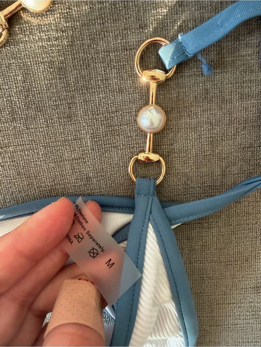 Blue-Trim White Ribbed Bikini Set with Pearl Link Accents